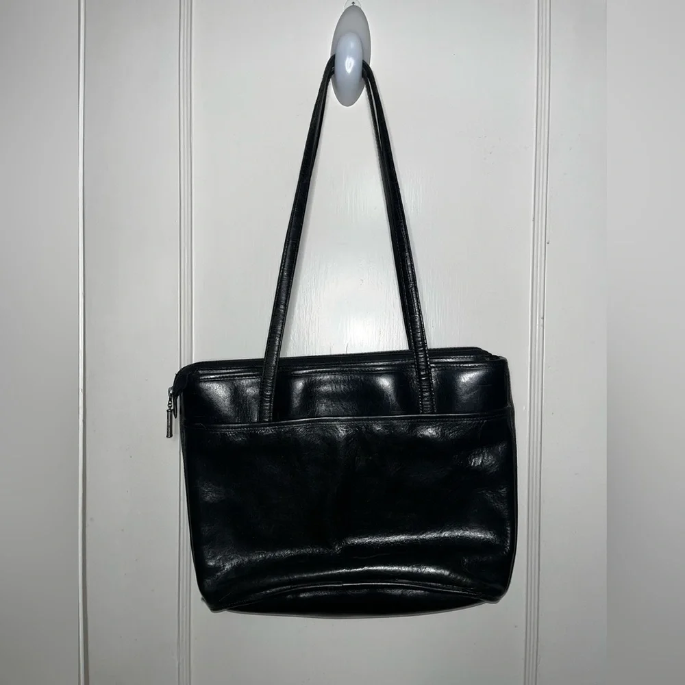 Vintage Brighton Black Structured Leather Shoulder Bag Reptile Print Trim